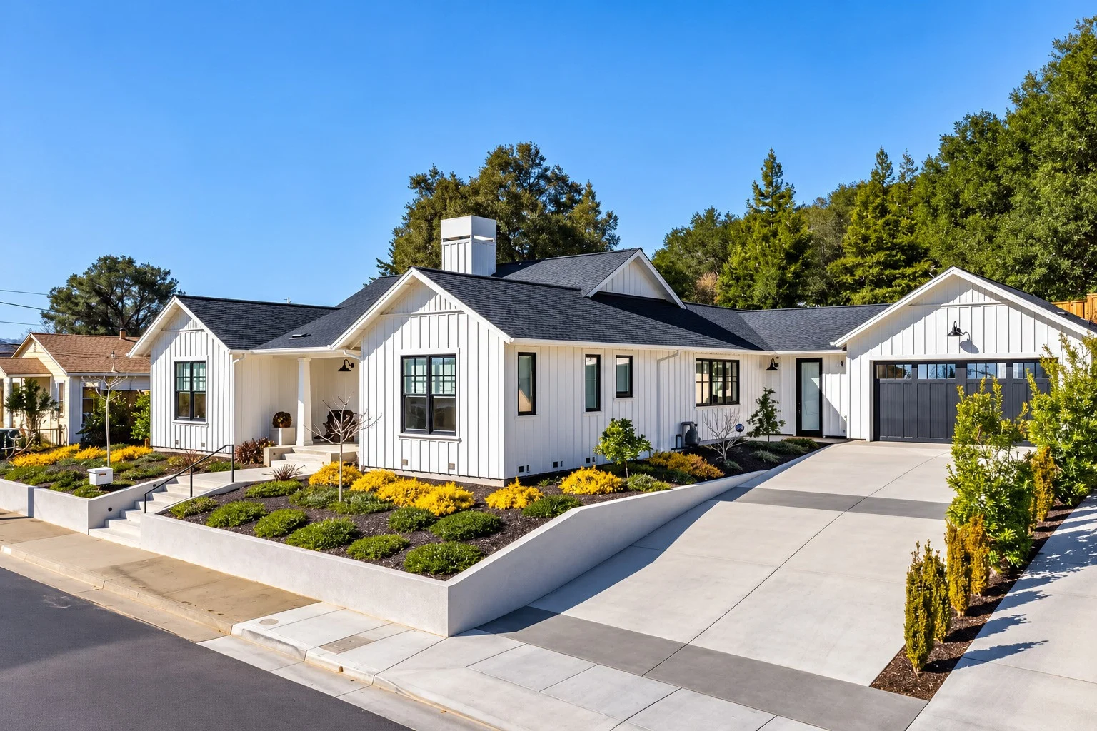 White Modern Farmhouse Exterior with Driveway